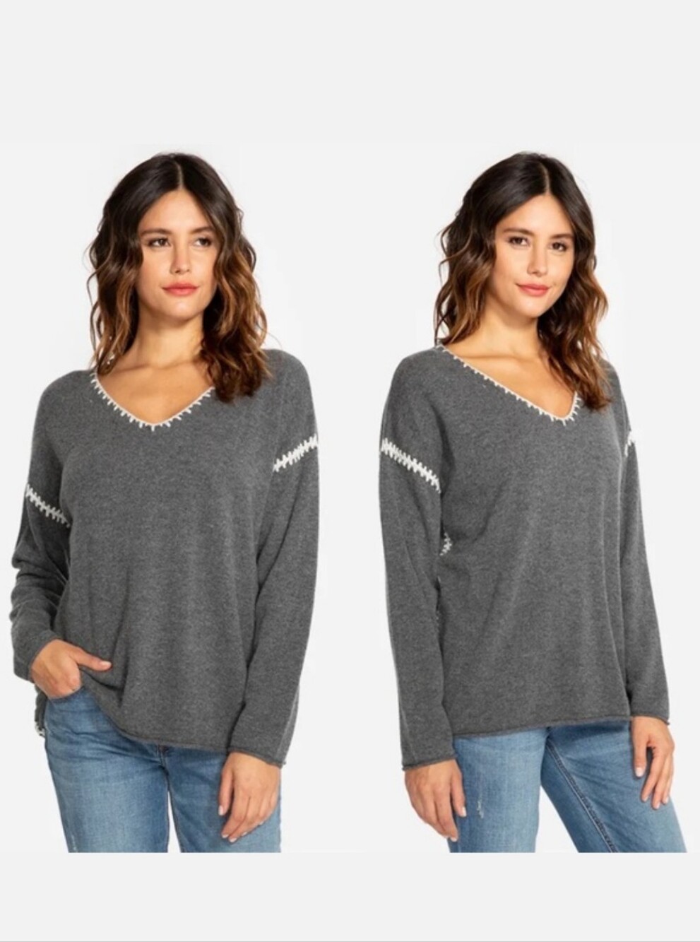 Johnny Was 100% Cashmere Gray White Contrast Whipstitch Sweater Women's Small